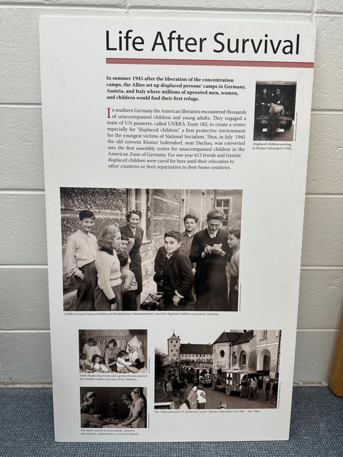 The first panel of the traveling exhibit gives an overview of the displaced persons camp which offered help to children after WWII.